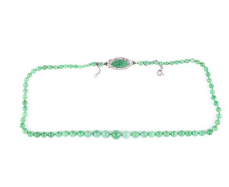 A jade bead necklace, circa 1930, beads graduated from 4mm to 9.3mm diameter, with a navette shape jade cabochon clasp within