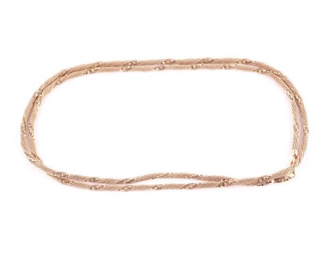 A yellow gold chain necklace, ropetwist fancy links, with a leaf capped panel clasp, stamped '585', 92.5cms long.Condition re