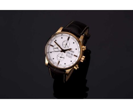 A Mido Multifort gold plated stainless steel automatic chronograph wristwatch, the silvered engine-turned dial with triple su