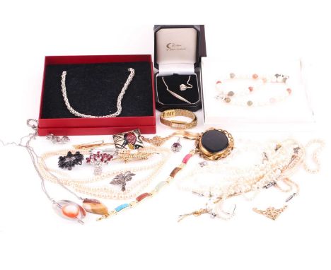 A white metal fancy link chain in box, marked 925, together with various cultured and simulated pearl necklaces, and other wh