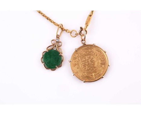 Turkish gold coin, 2.2cm diameter, in a yellow precious metal pendant mount, with a high carat yellow precious metal fancy li