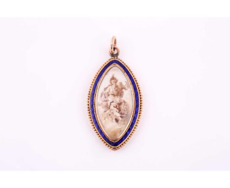 A 19th century locket pendant, the 9ct yellow gold locket with beaded border enclosing a blue enamel band and a miniature of 