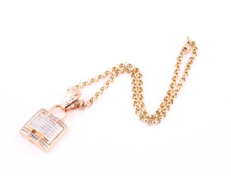 A 9ct 16" belcher chain, the clasp marked 375, with a 14ct rose gold padlock pendant set with approximately 2.50ct-3.00ct of 