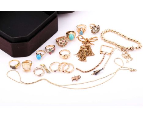 A collection of yellow gold jewellery, including various gem set rings, mostly 9k and 14k gold; a 9ct yellow gold bracelet; 9