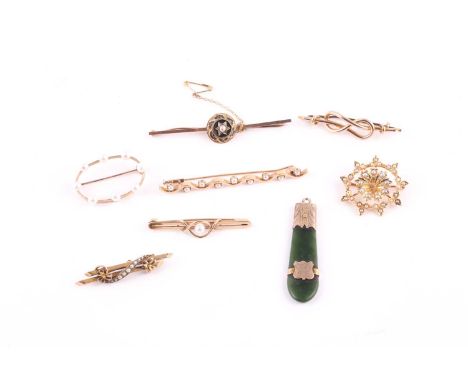 Six antique and later pearl set brooches, various designs, and a Staffordshire knot brooch, stamped '9ct', and a Victorian el
