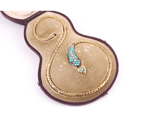 A Victorian turquoise, seed pearl and garnet serpent necklace, circa 1880, with a heart shape pendant drop further set with t