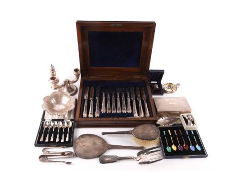 A collection of silver, to include a set of six silver coffee spoons with harlequin enamel, a silver sugar caster, a silver e