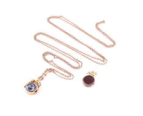 A late Victorian rose gold belcher link guard chain on a swivel clasp, both stamped ‘9c JM’, the chain approximately 150cm lo