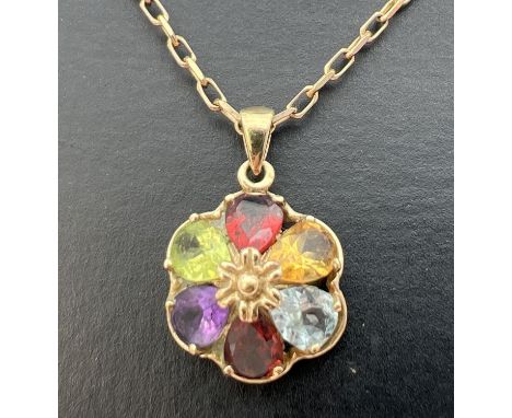 A 9ct gold multi stone pendant on a 9ct gold 18" oval link belcher chain with spring ring clasp. Pendant in a flower design s