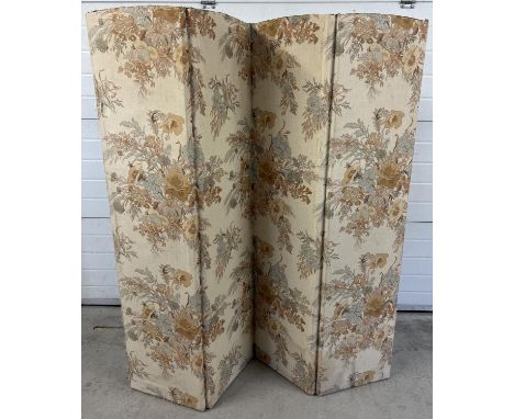 A vintage 4 panel folding screen/room divider, upholstered on a wooden frame. Floral design fabric with birds &amp; butterfli