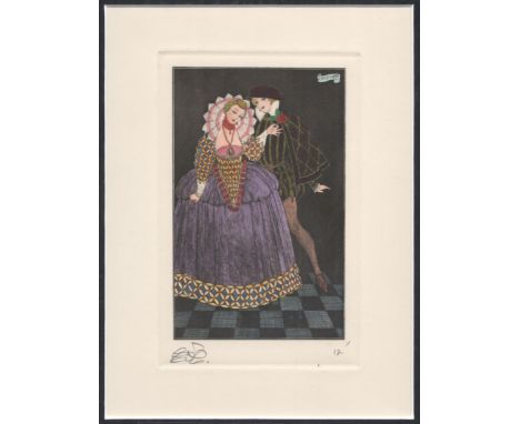 GEORGES BARBIER (1882 -1932) "THEATRE" HAND-COLOURED ETCHING ON WOVE c.1912 ARTIST PROOF&nbsp; 
10 X 15 cm / MOUNTED 24 X 30 