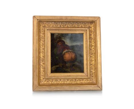 BRITISH SCHOOL, PORTRAIT OF A MAN DEFECATING, LATE 19TH CENTURY oil on tin, unsigned, framedimage 17cm high x 14.5cm wide, 33