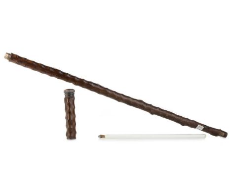 TIPPLING CANE, LATE 19TH / EARLY 20TH CENTURY in hardwood with silver plate mounts and screw top, enclosing a drinking glass 