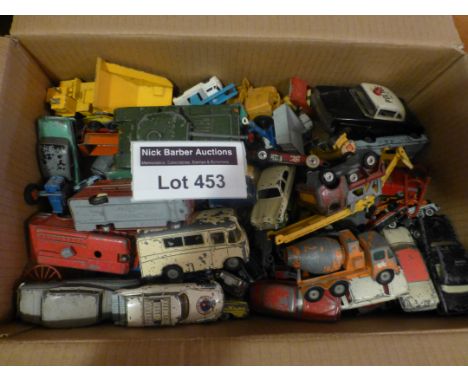 Die-cast : Box of approx 100 small and large scale playworn vehicles - Dinky, Corgi, Lesney, interesting and varied lot.