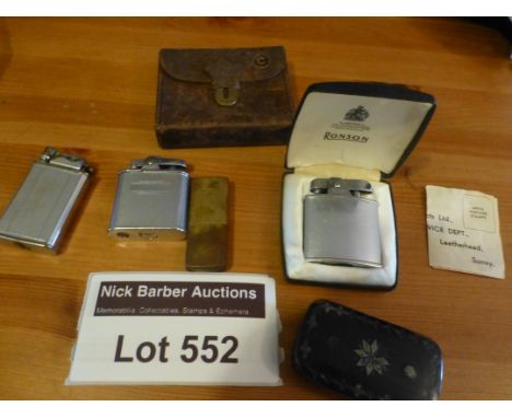 Collectables : Small selection of lighters, also includes a leather case and snuff box.
