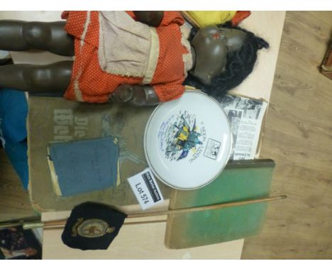 Collectables : Various items - military swagger stick (Royal Marines), black vintage doll, German sticker books, RAF badge et