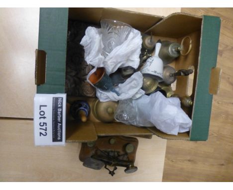 Collectables : A box of bells and vintage weights etc, glass/metal.
