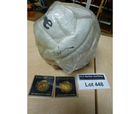 Football : A - 1980's Arsenal signed Football plus 2 x England 1966 World Cup commemorative medal in plastic case.