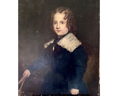 English School, circa 1840, portrait of a young boy, three quarter length, in a blue dress and holding a hoop, oil on canvas.