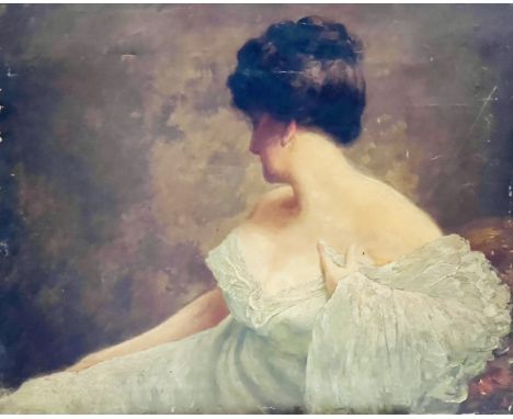 English School, circa 1890 portrait of a lady, half length, seated in profile in a green dress, oil on canvas.&nbsp;68cm x 81