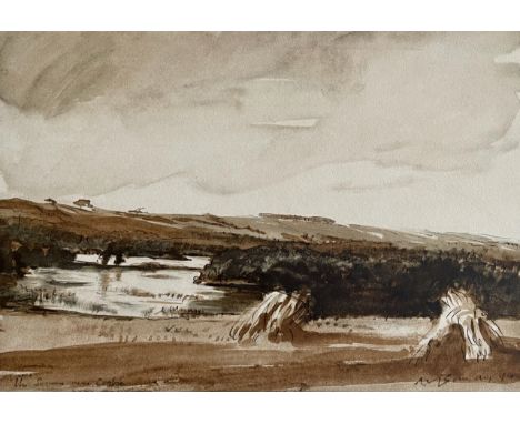 Sir Muirhead Bone, Haystacks landscape “River Somme in Coabi, France” August 1916, numbered prints. 29cm H x 43cm WSir Muirhe