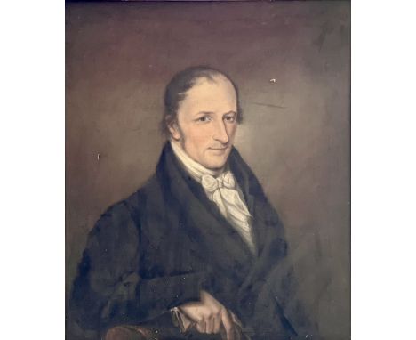 English School, circa 1830, portrait of a gentleman, half length, in a black coat, white stock, pastel on canvas. 76cm H x 63