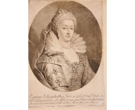 Attributed to Jean (John) Simon (1675-1751) mezzotint portrait of Regina Elizabeth Furis A.C Liber totum popule Sui temper co