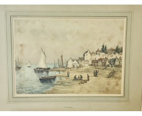 Artist - J. Lesage 20th century watercolour artist. Continental seascape of villages on the beach Size 37cm W x 26cm H 