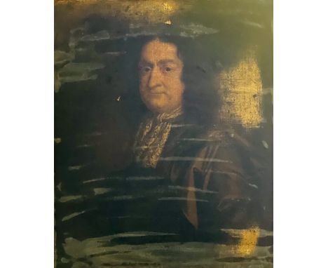 Circle of John Riley (British, 1646-1691), portrait of gentleman, half length, in a brown coat with white silk cravat, white 