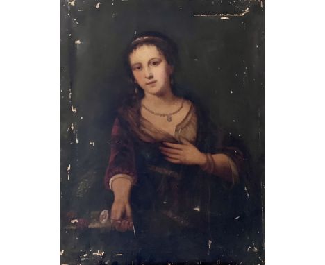 Manner of Elisabeth Vigee-Lebrun (French, 1755-1842), portrait of a young woman, three quarter, holding a carnation. 88cm H x
