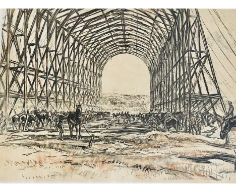 Sir Muirhead Bone, Grooming for battle, horses being prepared for battle (LII), numbered print. 29cm H x 43cm WSir Muirhead B