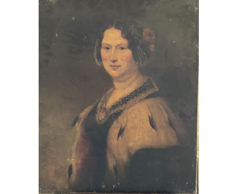 English &nbsp;School, circa 1840, portrait of a lady, half length, in an ermine, a flower bonnet, oil on canvas. 76cm H x 63c