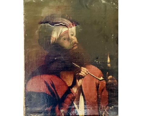 Manner of Gerrit van Honthorst (Dutch, Utrecht, 1592-1656), portrait of a turbaned man, holding a clay pipe and candle, oil o