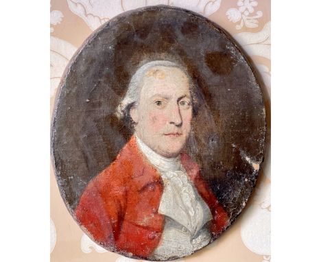 Circle of Hugh Douglas Hamilton (Irish, 1740-1808), portrait of a gentleman bust length, in a red jacket, oil on canvas. 29cm