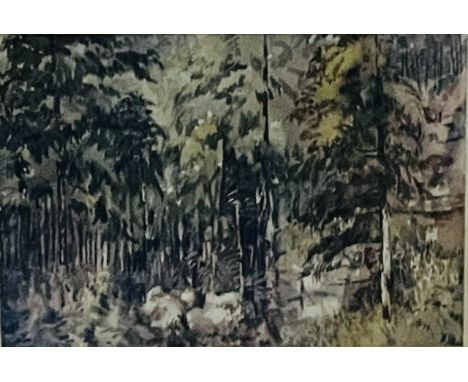 Late 19th century watercolour landscape, dappled light with a collection of forestry greens based in Finland (written to vers
