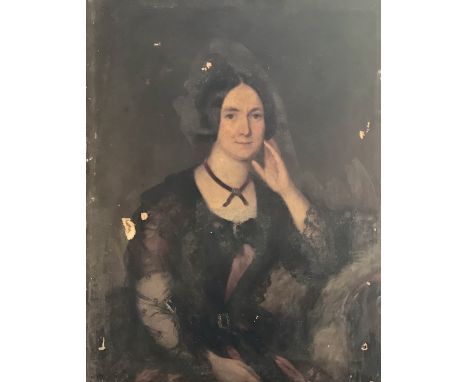 English School, circa 1840, portrait of young lady, half length, in a red and black lace dress, oil on canvas. 92cm H x 71cm 