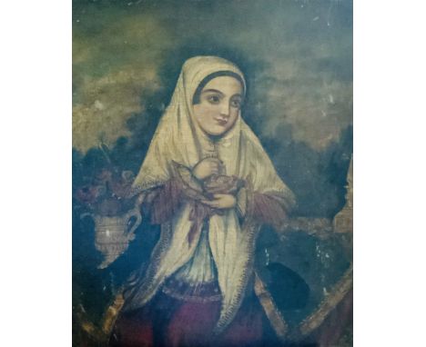 Continental School, 19th century, portrait of an Indian girl, three quarter length, oil on canvas on panel. 76cm H x 64cm W u