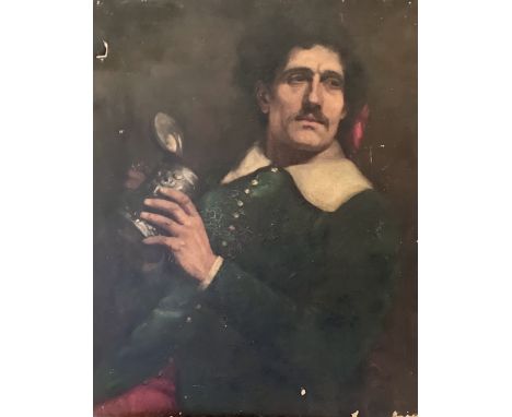 Circle of Ferdinand Roybet (French, 1840-1920), portrait of a cavalier, holding a flagon, 67cm H x 64cm W unframed