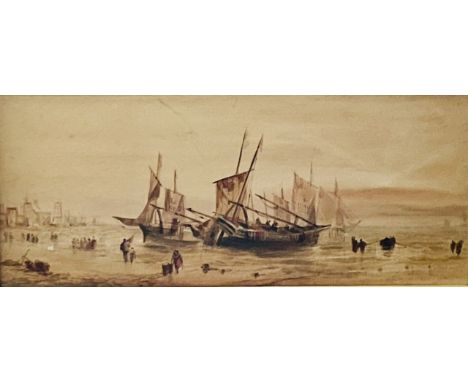 A 20th century Seascape watercolour composition with sailing boats in the centre of the piece with people walking by.size 52c