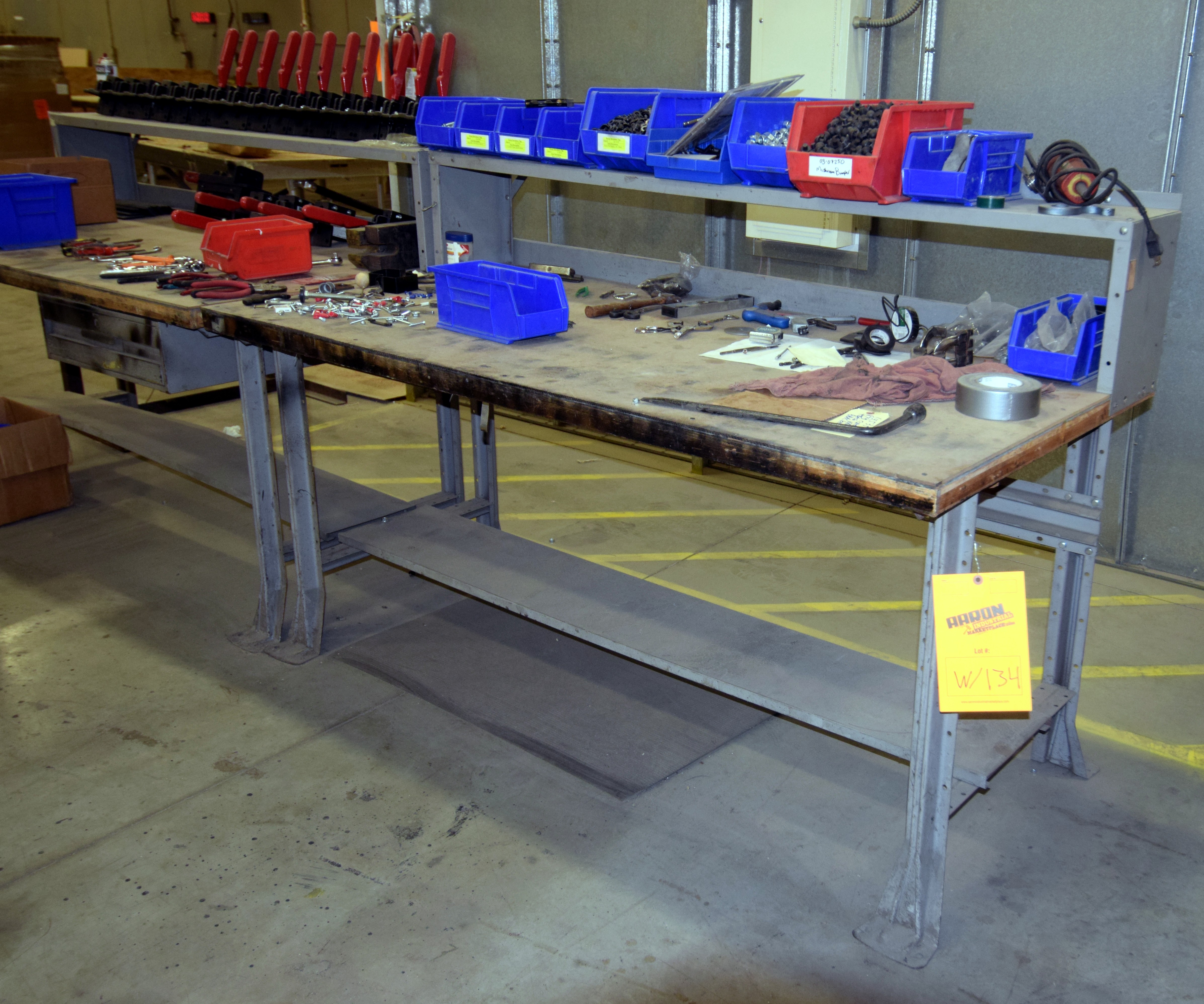 (2) Stationary Metal Frame Work Tables With Wood Tops. Approximate 72” long x 36” wide x 48” tall