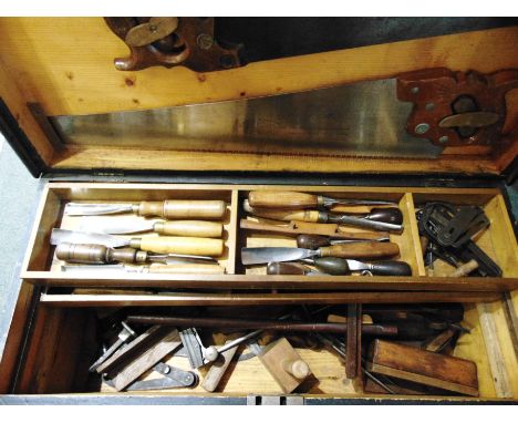 ASSORTED WOOD-WORKING TOOLS  including chisels and planes; contained within a wooden tool chest with two lift-out trays. 