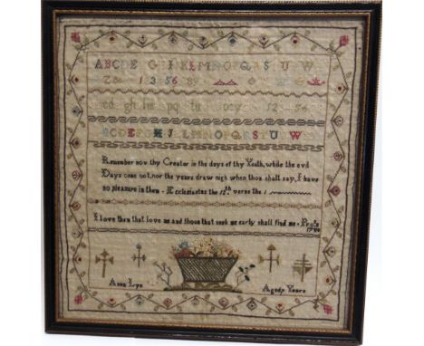 A SAMPLER  19th century, by Anne Lye, aged 7 years, comprising two Bible verses ('Remember now thy Creator in the days of thy