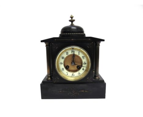 A VICTORIAN SLATE MANTLE CLOCK WITH ARCHITECTURAL DECORATION the enamel dial with Arabic numerals, 8-day movement, 23cm wide 