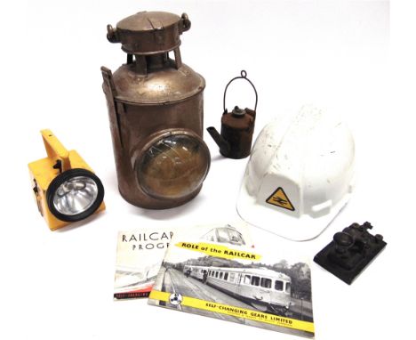 RAILWAYANA - ASSORTED  comprising a bulls-eye signal lamp (repainted); B.R. oil can; a Bardic style hand-lamp; and a hard hat