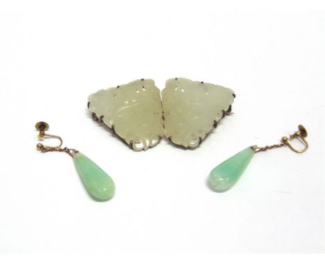 A JADE BROOCH  of two carved and pierced panels, of almost butterfly shape, 6.5cm across; with a pair of jade drop earrings, 