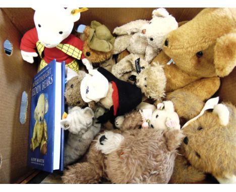 ASSORTED TEDDY BEARS AND SOFT TOYS  including a Steiff cat; Steiff Rupert Bear; a modern Merrythought teddy bear; and others;