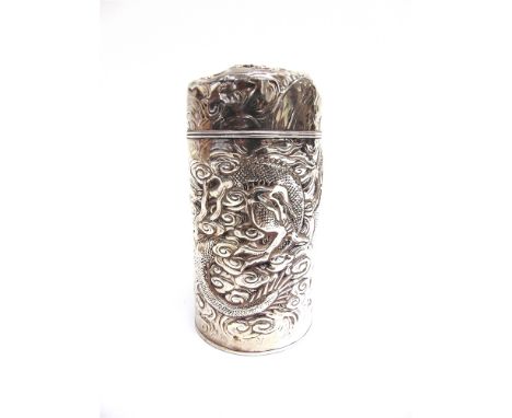 A CHINESE EXPORT SILVER TEA CADDY  marked to the base with a character mark only, of cylindrical form, embossed with dragons 