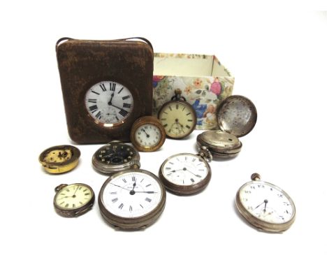 A COLLECTION OF SIX POCKETWATCHES  in various metals, a Goliath watch in a travelling case; a fob watch; a clock movement rem