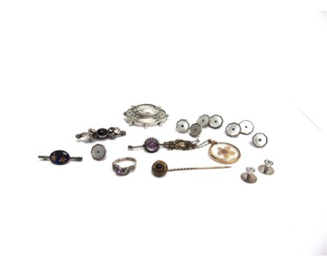 A GENTLEMAN'S DRESS SET  stamped silver, comprising cufflinks, four buttons, and two dress studs; with four brooches; a stick