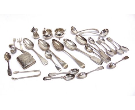 A QUANTITY OF SILVER FLATWARE  various makers and dates including some Exeter; with a cigarette case; two salts; a pepper; an